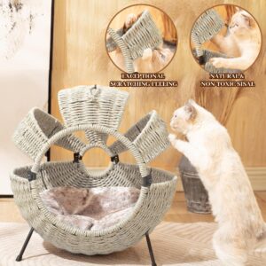 Cozy Rattan Cat House with Cushion - Large Spherical Indoor Outdoor Pet Bed, 20.5x20.5x14 Inches Light Gray