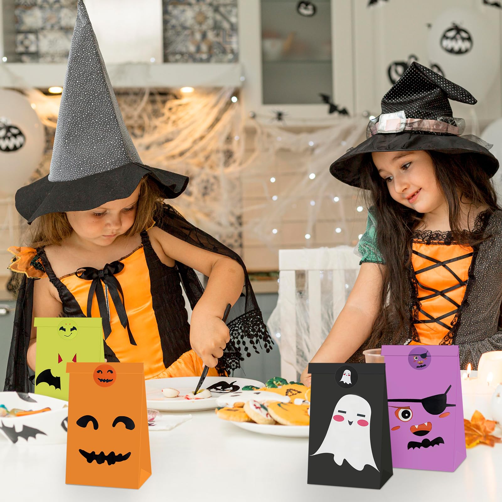 24 Pcs Halloween Treat Bags Set with Stickers, Assorted Paper Gift Candy Bags Including Ghosts, Cats, Pumpkins, and Spiders Designs for Trick-or-Treat, Goodie Bags, Party Favors, and Classroom Gifts