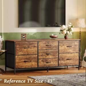 Huuger Dresser with 7 Drawers, 47 Inch Dresser TV Stand for 43, 50, 55 Inch TV, Wide Fabric Dresser Chest of Drawers, Metal Frame, Storage Dresser for Bedroom, Nursery, Clothing, Rustic Brown