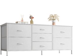 huuger dresser with 7 drawers, 47 inch dresser tv stand for 43, 50, 55 inch tv, fabric dresser chest of drawers, pu leather, metal frame, storage dresser for bedroom, nursery, clothing, white dresser