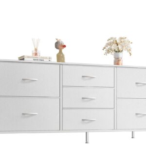 Huuger Dresser with 7 Drawers, 47 Inch Dresser TV Stand for 43, 50, 55 Inch TV, Fabric Dresser Chest of Drawers, PU Leather, Metal Frame, Storage Dresser for Bedroom, Nursery, Clothing, White Dresser