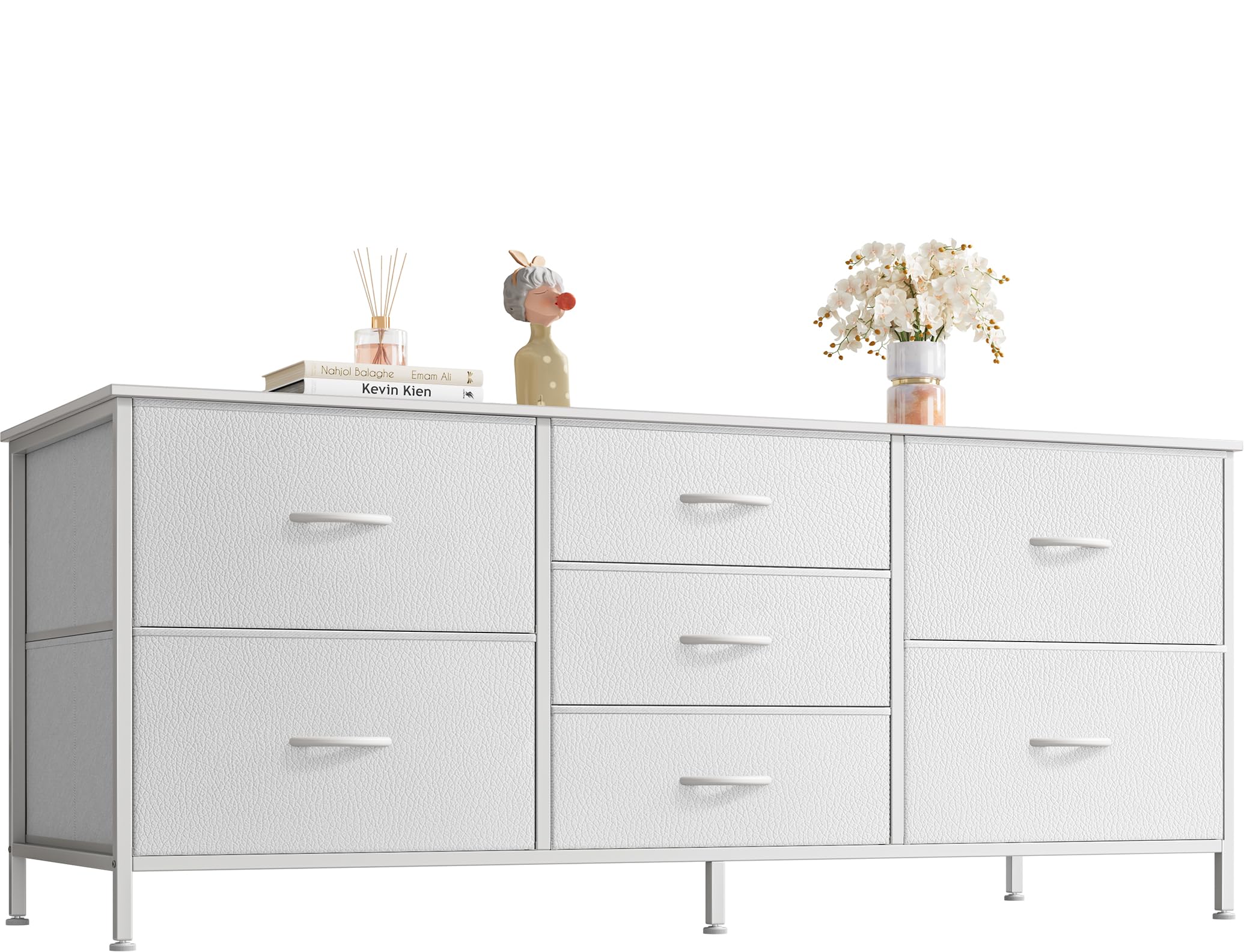 Huuger Dresser with 7 Drawers, 47 Inch Dresser TV Stand for 43, 50, 55 Inch TV, Fabric Dresser Chest of Drawers, PU Leather, Metal Frame, Storage Dresser for Bedroom, Nursery, Clothing, White Dresser