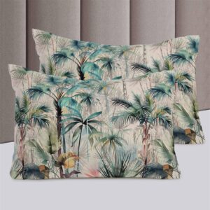 Lsrtoss Summer Palm Trees California King Duvet Cover Set, Vintage Botanical Tropical Leaves Microfiber 3 Piece Bedding Set with 2 Pillowcases & 1 Quilt Cover, 92" W x 106" L, California King Size