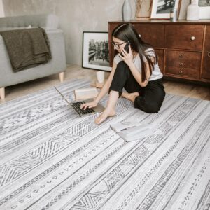 DMOYEST 8x10 Area Rug Living Room Rugs - Washable Large Soft Boho Neutral Geometric Moroccan Modern Rug for Bedroom Dining Room Home Office Non Slip Low Pile Farmhouse Carpet Indoor - Cream Grey