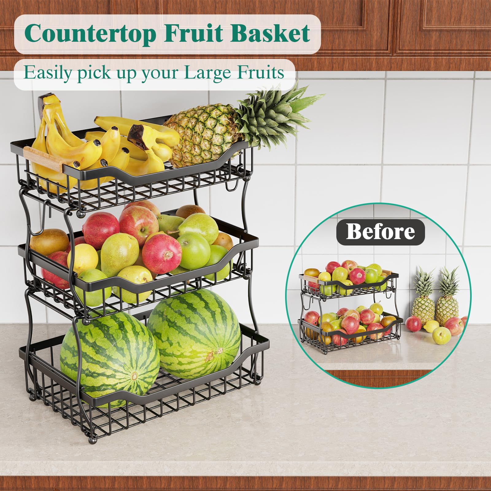 Giwil 3 Tier Countertop Fruit Basket for Kitchen, Vegetable Storage Basket Bread Fruit Bowl Stand with 2 Banana Hooks, Wall Mounted Metal Wire Basket Organizer for Potato Onion, Black