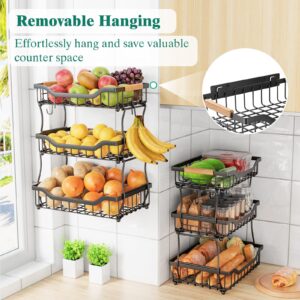 Giwil 3 Tier Countertop Fruit Basket for Kitchen, Vegetable Storage Basket Bread Fruit Bowl Stand with 2 Banana Hooks, Wall Mounted Metal Wire Basket Organizer for Potato Onion, Black