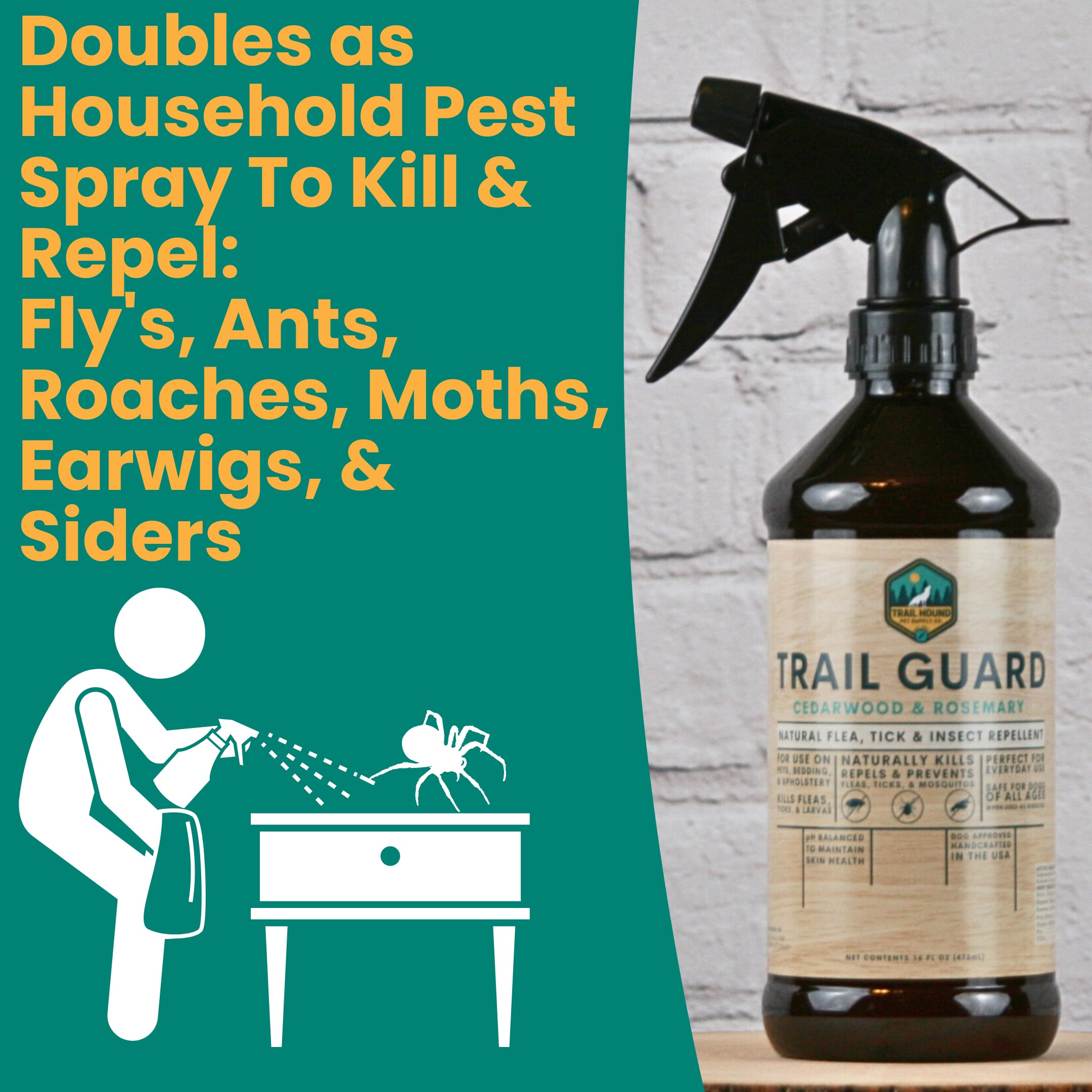 Trail Guard Natural Extra Strength Insect, Flea and Tick Spray for Dogs, Cats, People & Home - 16oz Plant-Based Insect & Tick Repellent for Dogs - Kid Safe - DEET Free (16oz)