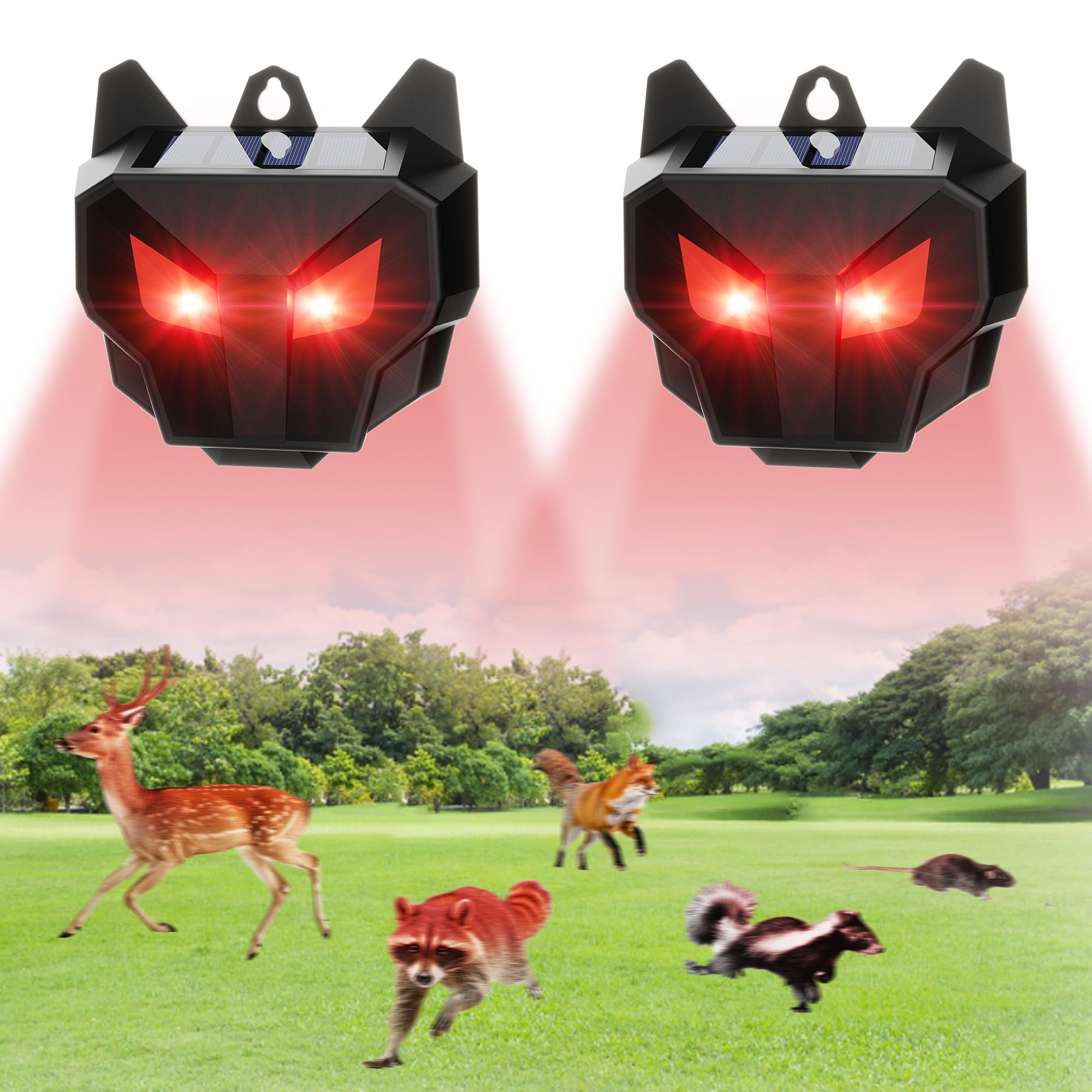 ReOasis Solar Animal Repellent Outdoor, 2 Pack Waterproof Coyote Deterrent for Chicken Coop Farm Garden Yard, Predator Lights for Racoon Skunk Deer Coyote Fox