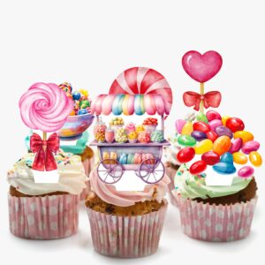 48Pcs Lollipop Cupcake Toppers Candyland Party Decorations Candyland Lollipop Cupcake Decorations Sweet Candy Cake Topper for Candyland Themed Birthday Baby Shower Supplies