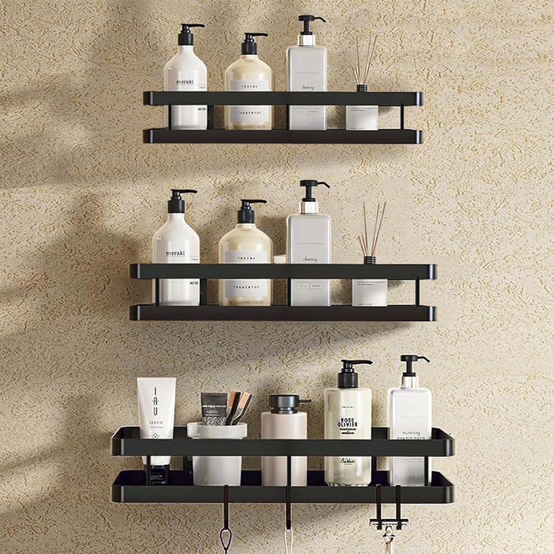 Kikunum Shower Caddy Shelf Organizer Rack,Bathroom Shower Organizers,Self Adhesive Black Bathroom Shelves Basket, Home Wall Shower Inside Organization