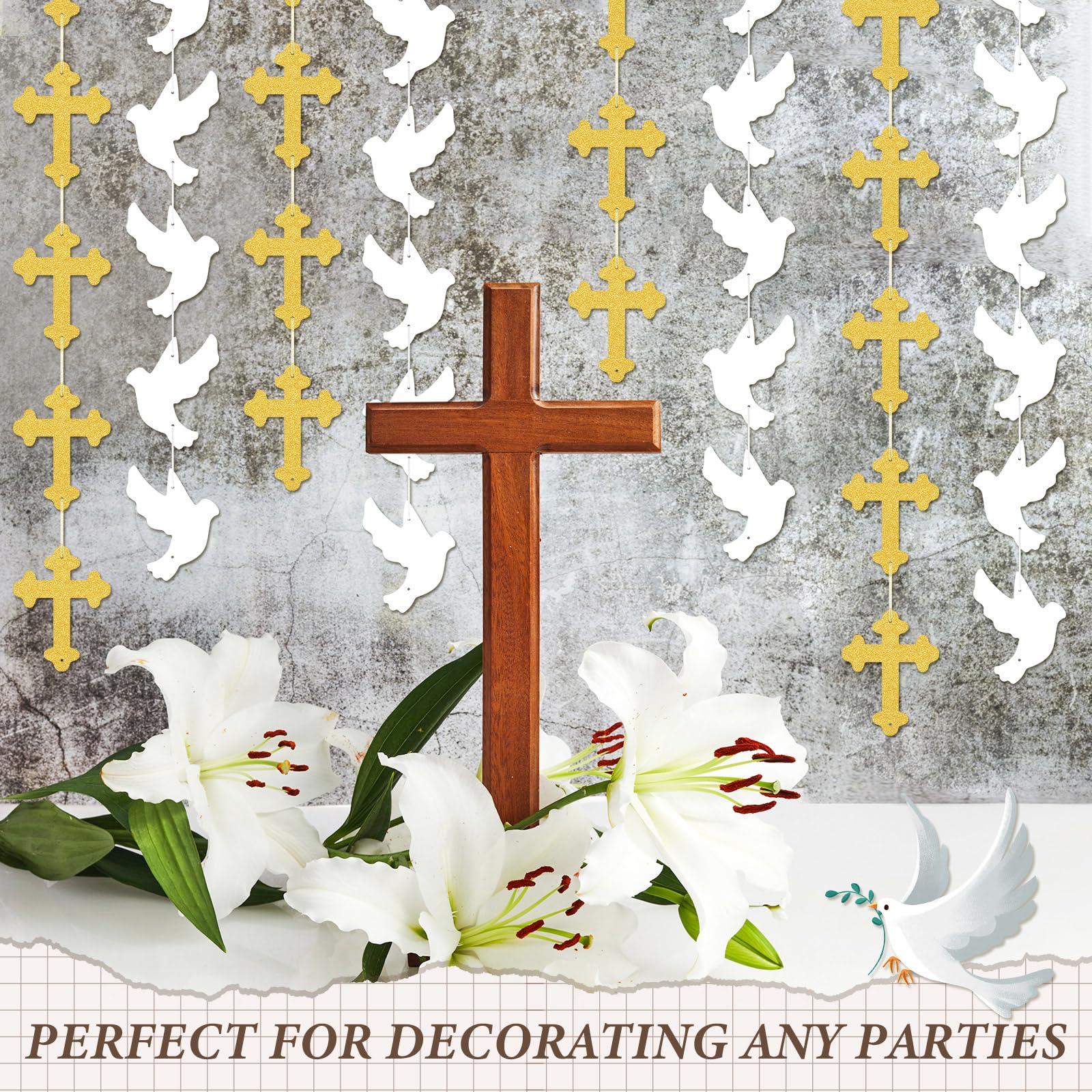 Wonderjune 12 Pcs First Holy Communion Baptism Decoration Gold and White Dove Cross Garland Banner for Wedding Bridal Baby Shower Engagement Religious Christian