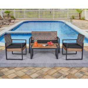 lumisol 4-piece patio furniture set, outdoor loveseat and coffee table for balcony porch garden backyard, lawn furniture acacia wood table top, modern black and light brown