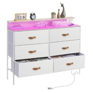 SANGMUCEN 47.2" W White Dresser for Bedroom with Charging Station and LED Lights, 6 Drawers Dresser with PU Finish, Wide Fabric Dressers for Closet, Bedroom, Hallway Entryway, Wood