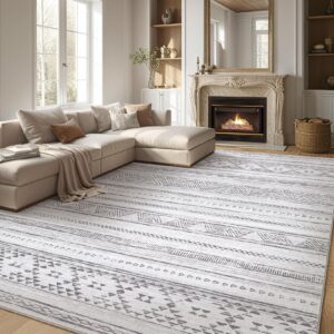 DMOYEST 8x10 Area Rug Living Room Rugs - Washable Large Soft Boho Neutral Geometric Moroccan Modern Rug for Bedroom Dining Room Home Office Non Slip Low Pile Farmhouse Carpet Indoor - Cream Grey