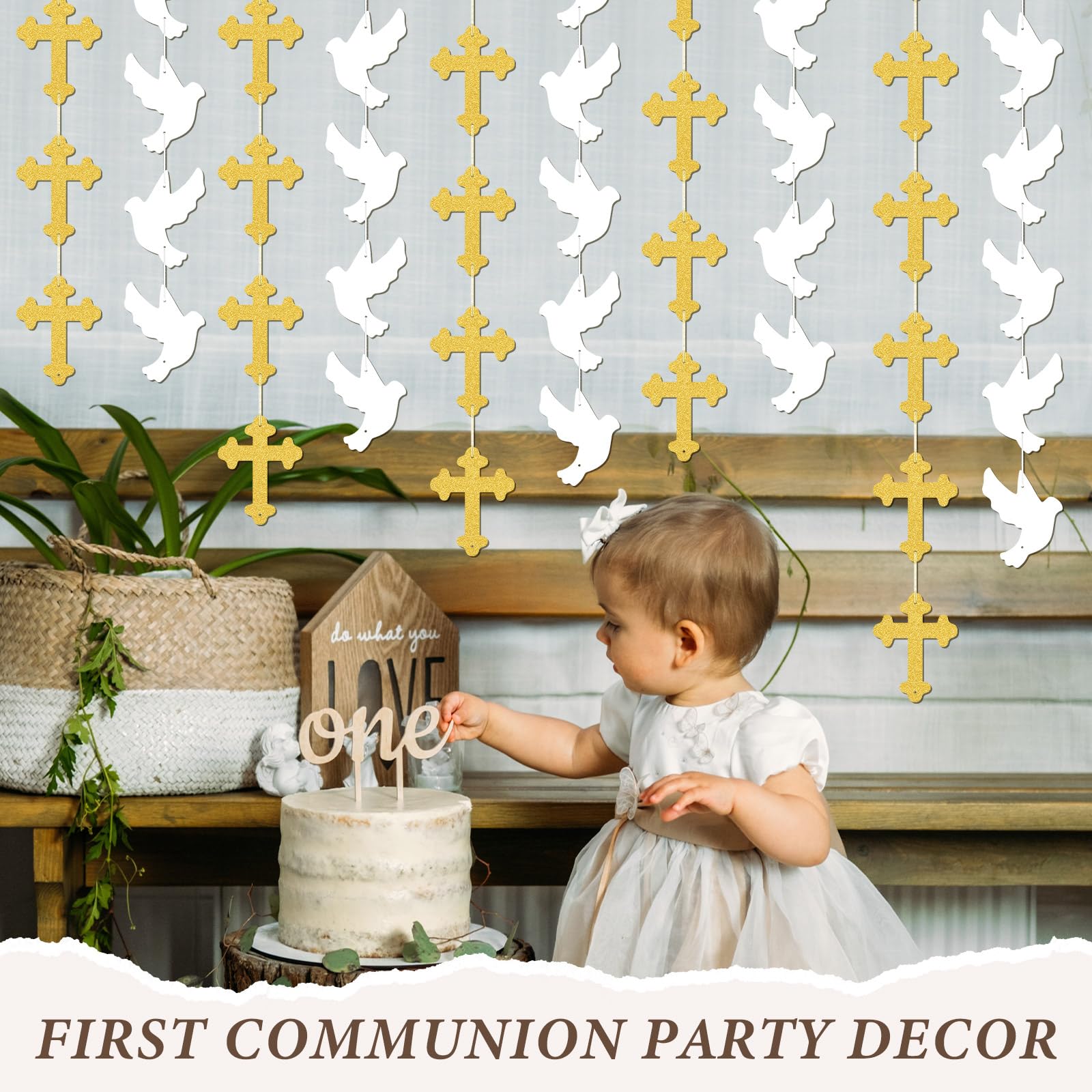 Wonderjune 12 Pcs First Holy Communion Baptism Decoration Gold and White Dove Cross Garland Banner for Wedding Bridal Baby Shower Engagement Religious Christian