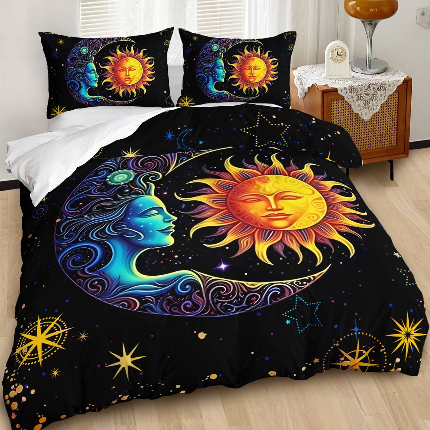 AILONEN Sun and Moon Duvet Cover Set Queen Size, Space Galaxy Boho Exotic Mandala Sun and Moon Comforter Cover Set 3 Pieces,1 Duvet Cover with 2 Pillowcases