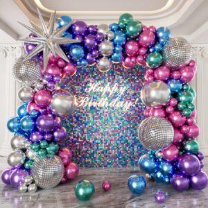 hkyood disco balloons garland arch kit - 22 18 12 10 5 inch metallic purple blue hot pink green silver chrome disco balloon with for birthday sing themed 70s 80s 90s bachelorette party decorations