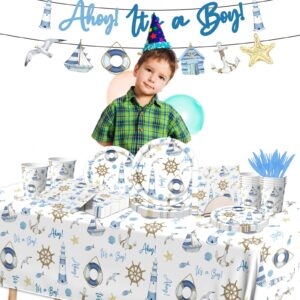 Ahoy Nautical Baby Shower Decorations Tableware,142pcs Ahoy Its A Boy Baby Shower Plates and Napkins Supplies Ahoy Nautical Party Dinnerware Tablecloth for Boy Sailor Theme Baby Shower Decorations