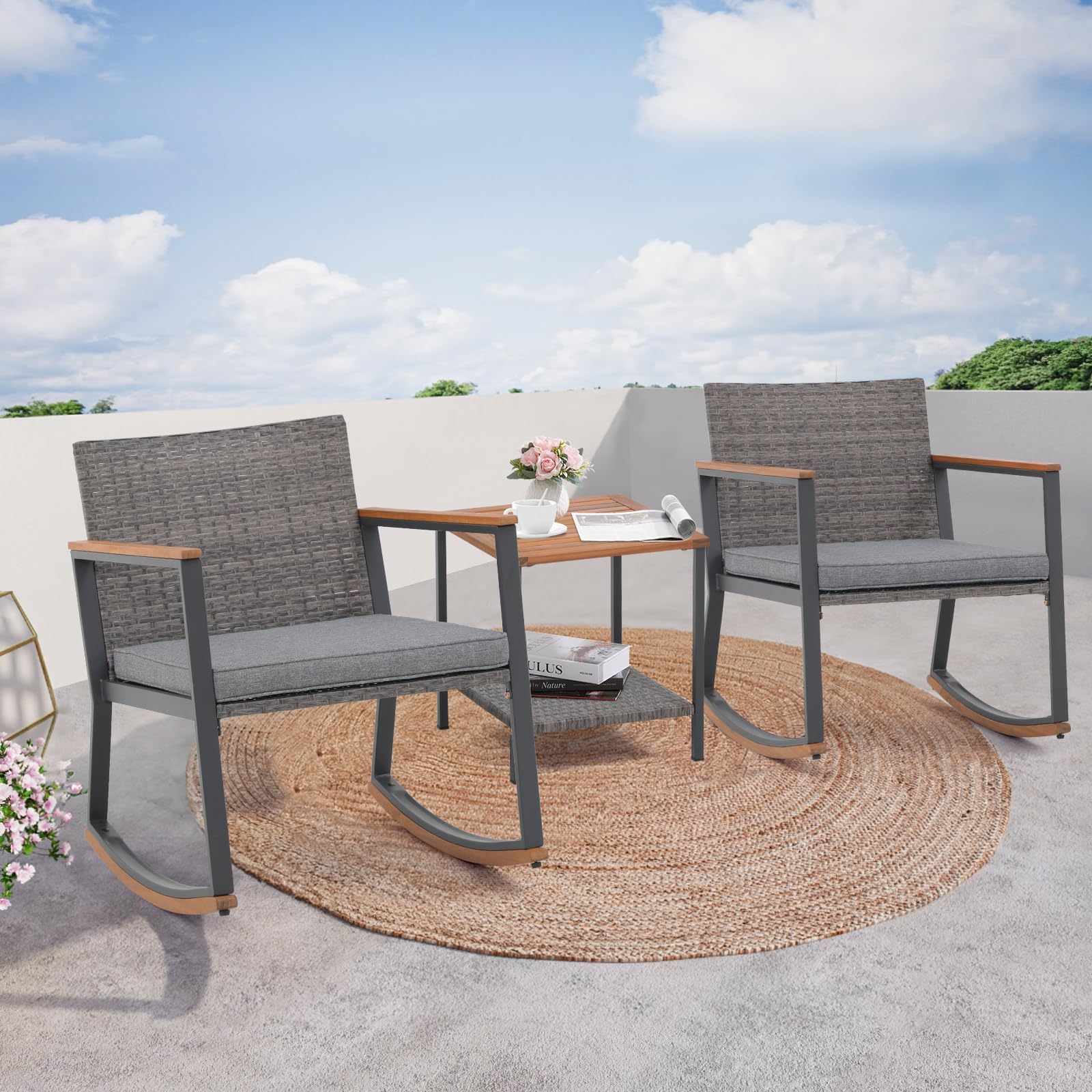 Verano Garden 3 Pieces Rocking Bistro Set, Small Wicker Patio Furniture Set with 2-Tier Coffee Table for Porch,Balcony,Yard,Garden, Light Gray