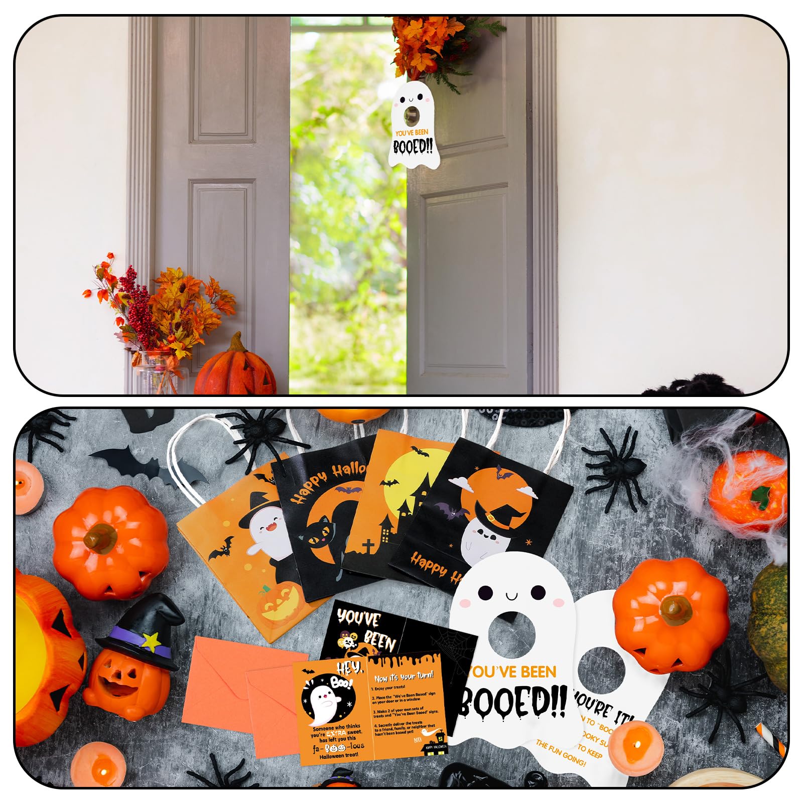 Watersay 24 Set Halloween You've Been Booed Ghost Bag Starter Kit with 24 Boo Gift Bags 24 Cardstock 24 We've Been Booed Doorknob Hangers 24 Envelopes for Neighbors Coworkers Friends (Classic Style)