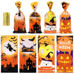 halloween treat bags, halloween candy bags, 100 pcs halloween cellophane bags goodie bags gift bags trick or treat bags goody bags bulk with twist ties for holiday halloween party favors supplies