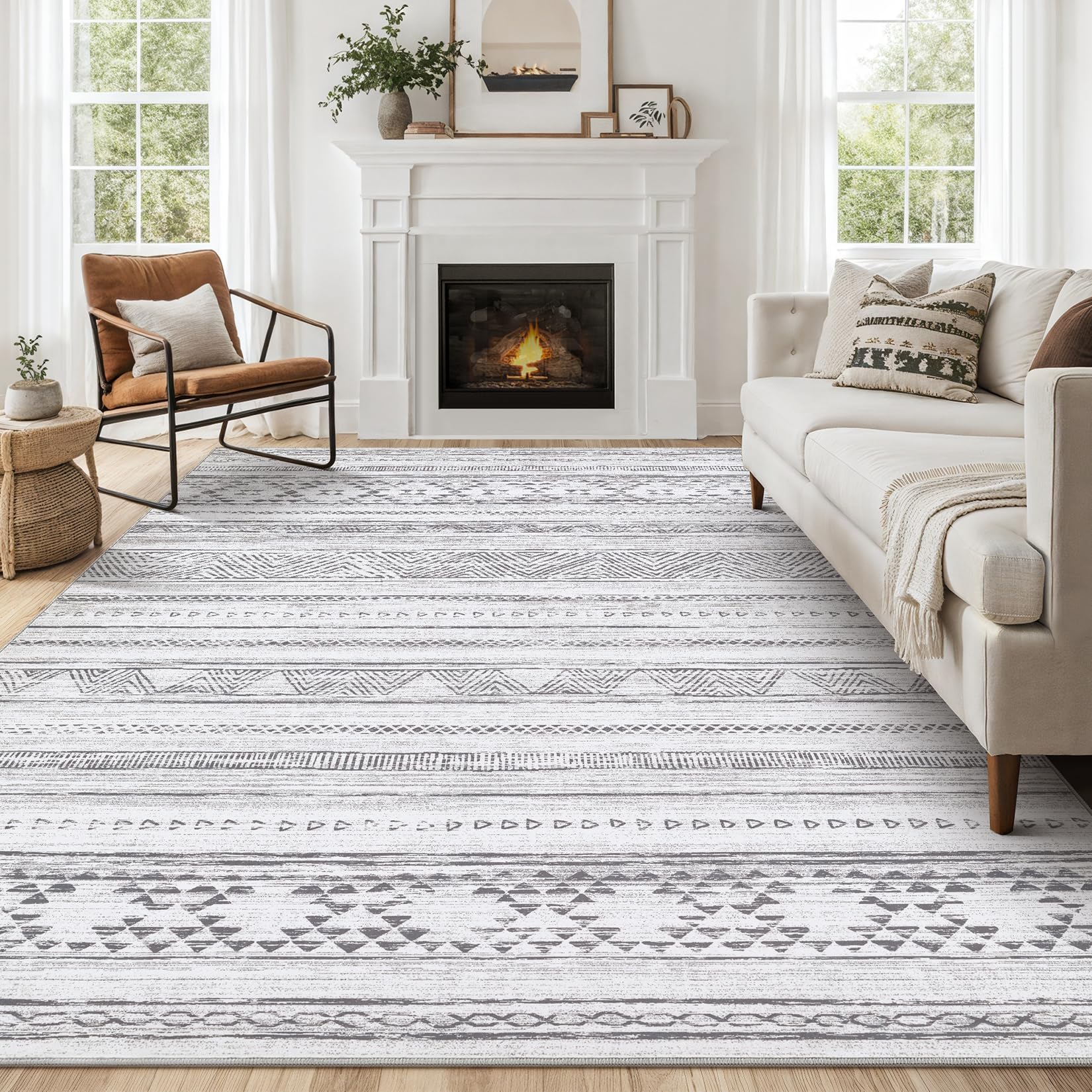 DMOYEST 8x10 Area Rug Living Room Rugs - Washable Large Soft Boho Neutral Geometric Moroccan Modern Rug for Bedroom Dining Room Home Office Non Slip Low Pile Farmhouse Carpet Indoor - Cream Grey