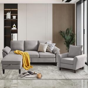 2 piece sectional sofa set, 3 seat l shaped couches with reversible chaise single seat accent chair polyester fibre for living room, light grey