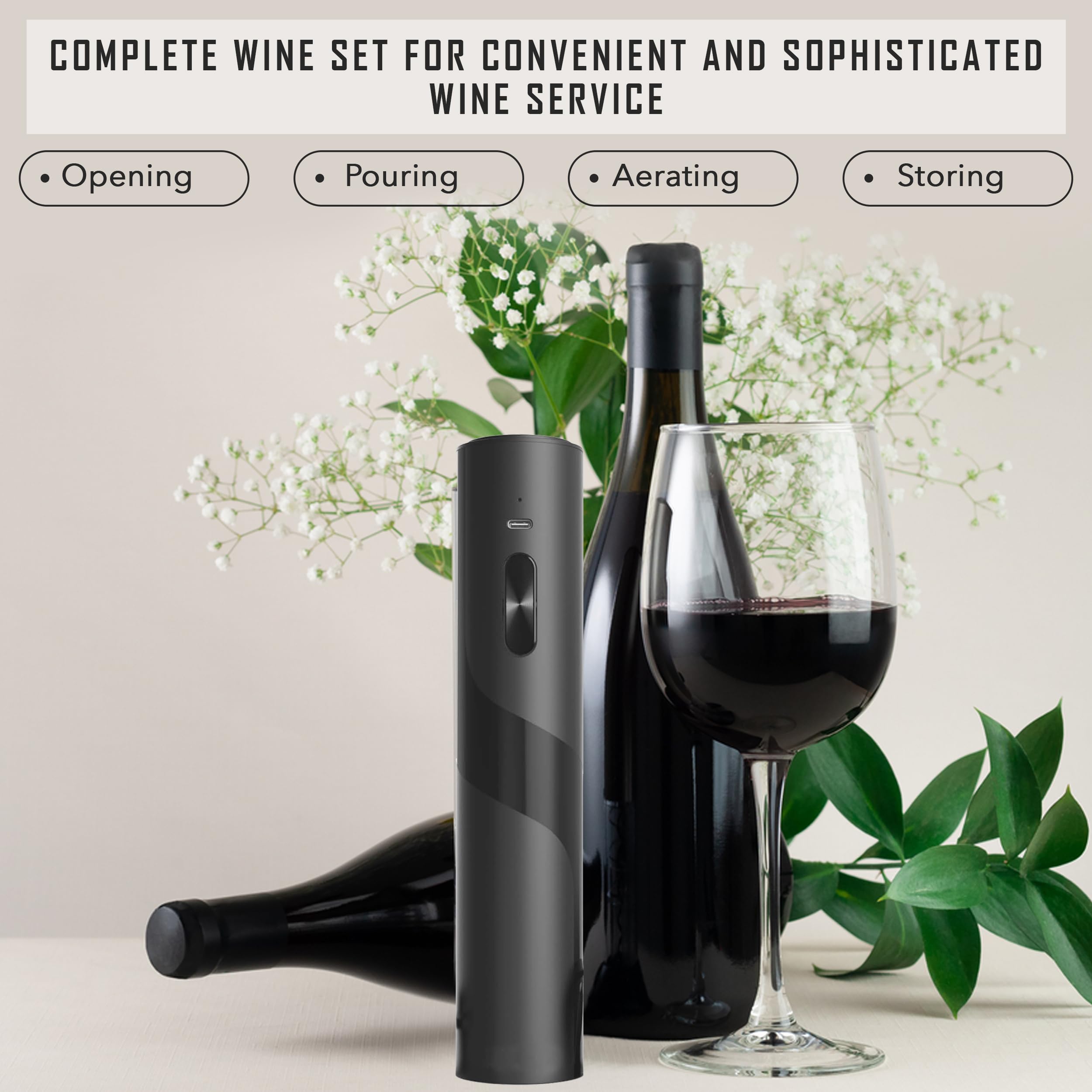 Electric Wine Bottle Opener - Wine Gift Set with Foil Cutter, Wine Aerator Pourer, Wine Decanter, Wine Preservation Stoppers - Corkscrew Bottle Opener - Rechargeable Wine Saver - Wine Tasting Set