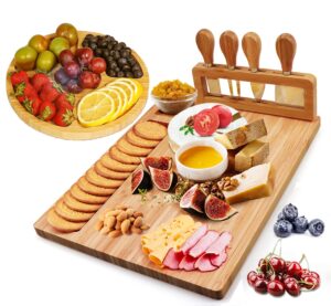 cheese board and knife set,bamboo charcuterie board set with round tray,cheese platter serving tray,cheese plate set,perfect, birthday，housewarming