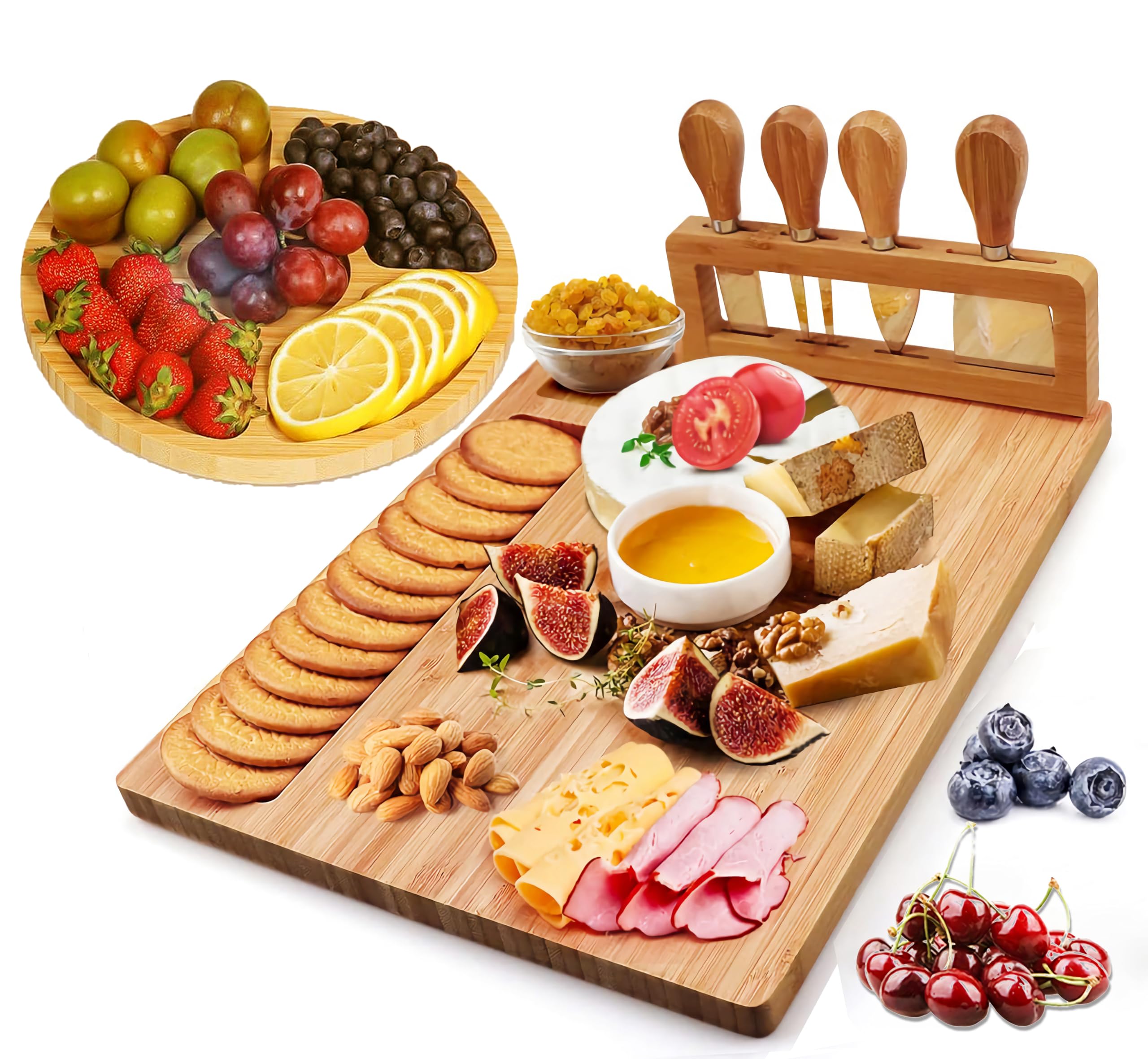 Cheese Board and Knife Set,Bamboo Charcuterie Board Set with Round Tray,Cheese Platter Serving Tray,Cheese Plate Set,Perfect, Birthday，Housewarming