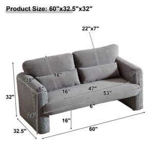 ATUMON 60" Corduroy Loveseat Sofa,Comfy Upholstered Leisure Lounge Chairs Single Sofa with 2 Waist Pillow for Bedroom,Living Room (Grey, 60" Corduroy Loveseat)