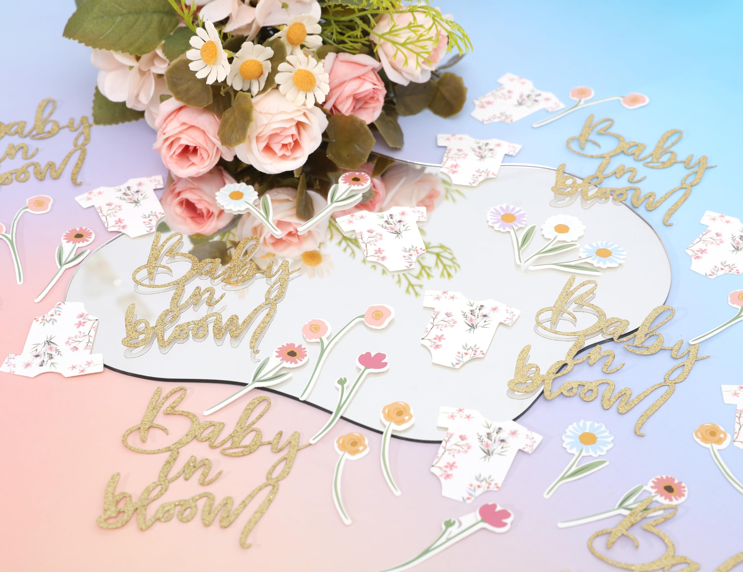 BABY Shower Script Table Confetti - Baby In Bloom Confetti Shower Decor, Floral Bodysuit Scatter Confetti, Flower Baby Gender Reveal Party Decorations, Glitter Confetti Photo Props (BABY GIRL PINK)