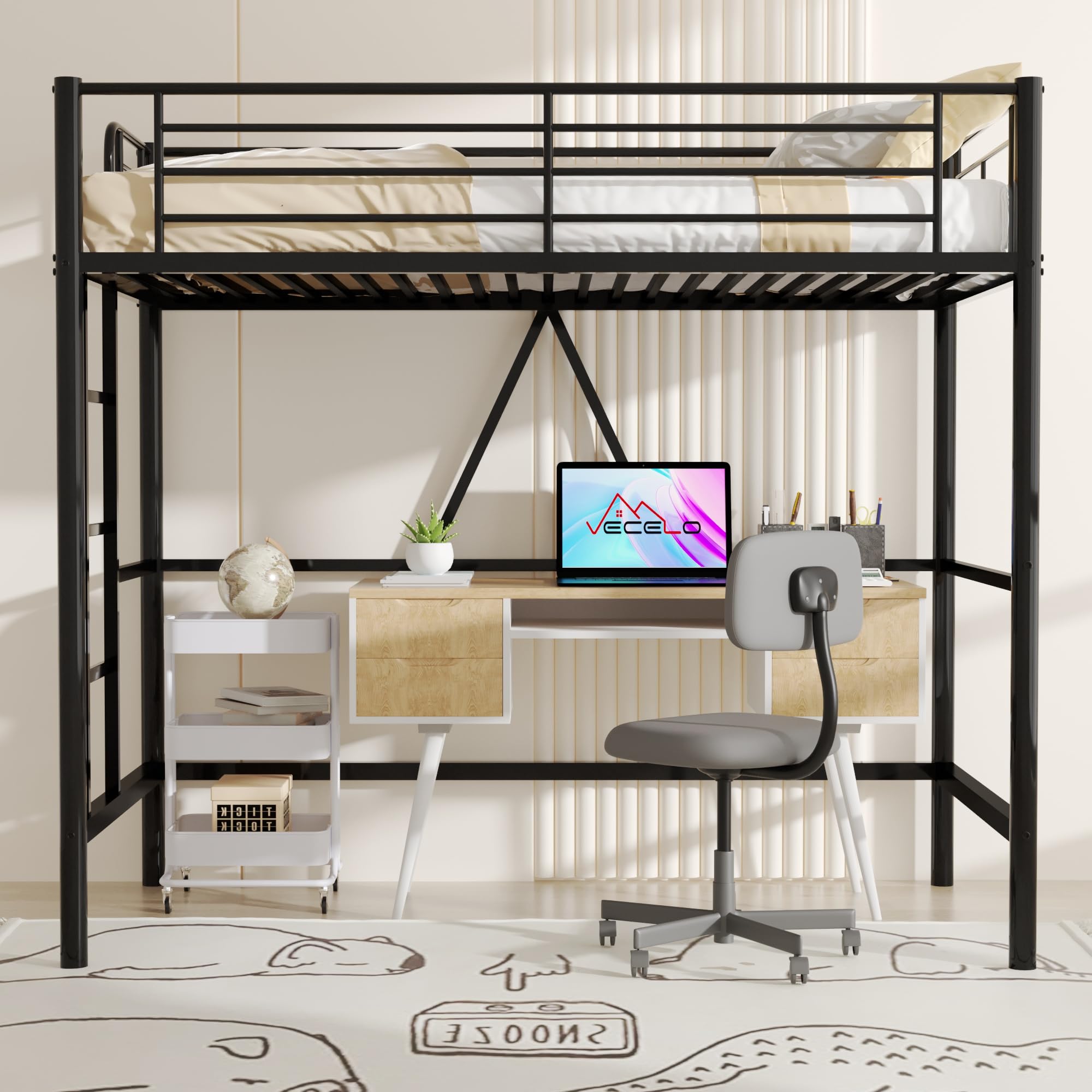 VECELO Loft Bed Twin Size, Metal Bedframe with Removable Ladder and Safety Guardrail, No Box Spring Needed, Space Saving, Noise Free, Black