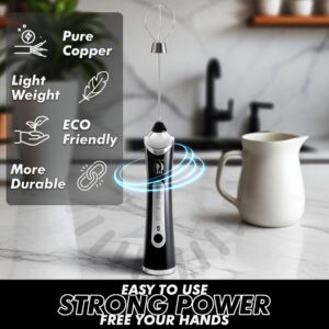 Rechargeable Handheld Milk Frother - Electric Foam Maker - Portable Coffee Frother Wand with 2 Heads - Stainless Steel Electric Whisk for Coffee, Latte, Cappuccino, Macchiato, Hot Chocolate (Black)