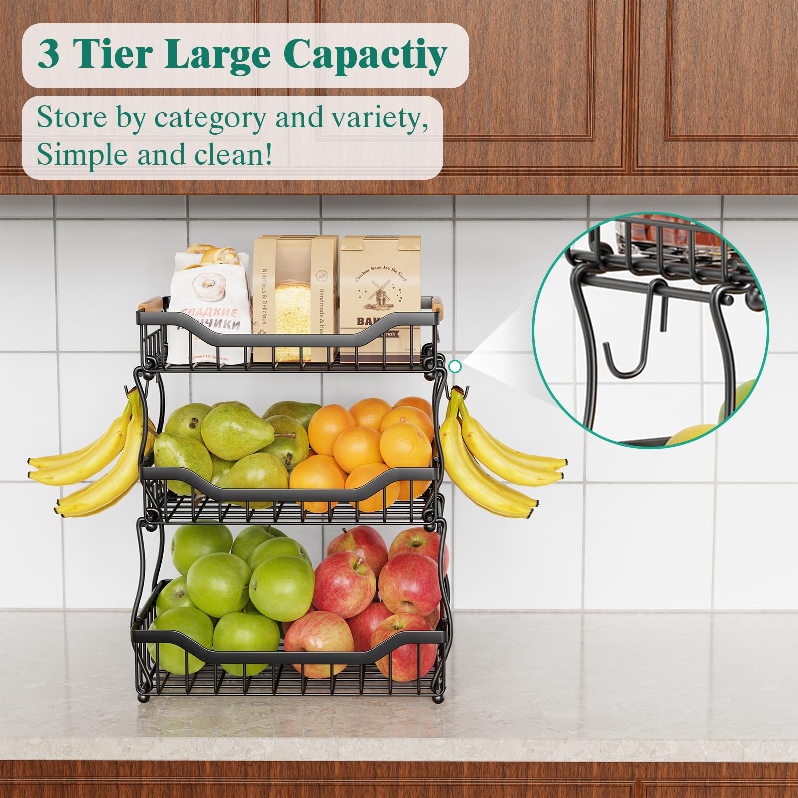 Giwil 3 Tier Countertop Fruit Basket for Kitchen, Vegetable Storage Basket Bread Fruit Bowl Stand with 2 Banana Hooks, Wall Mounted Metal Wire Basket Organizer for Potato Onion, Black