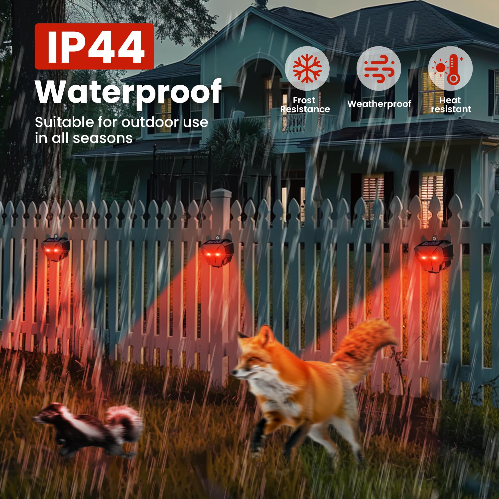 ReOasis Solar Animal Repellent Outdoor, 2 Pack Waterproof Coyote Deterrent for Chicken Coop Farm Garden Yard, Predator Lights for Racoon Skunk Deer Coyote Fox