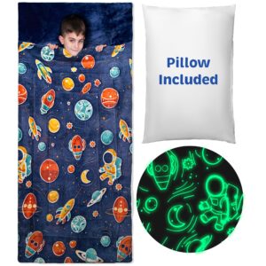 kids sleeping bag with pillow for boys, space, planets glow in the dark sleeping bags for kids 2-12, sleeping bag for toddlers with pillow pocket, ages 3+, extra soft sleeping bag for kid (66'' x 33")