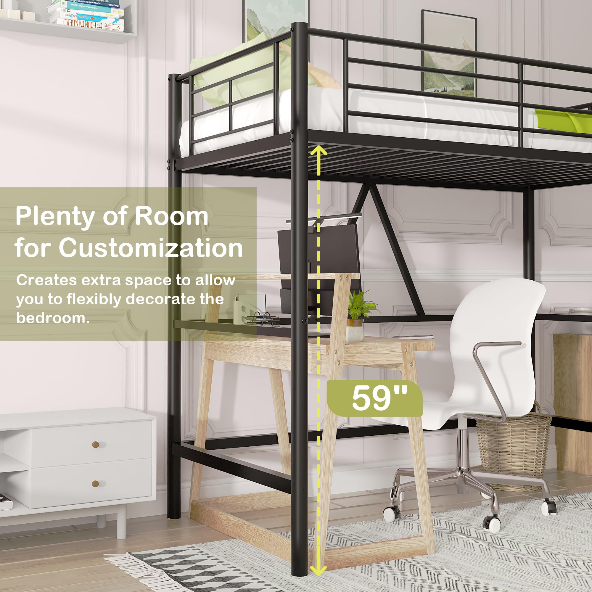 VECELO Loft Bed Twin Size, Metal Bedframe with Removable Ladder and Safety Guardrail, No Box Spring Needed, Space Saving, Noise Free, Black