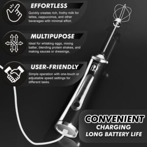 Rechargeable Handheld Milk Frother - Electric Foam Maker - Portable Coffee Frother Wand with 2 Heads - Stainless Steel Electric Whisk for Coffee, Latte, Cappuccino, Macchiato, Hot Chocolate (Black)