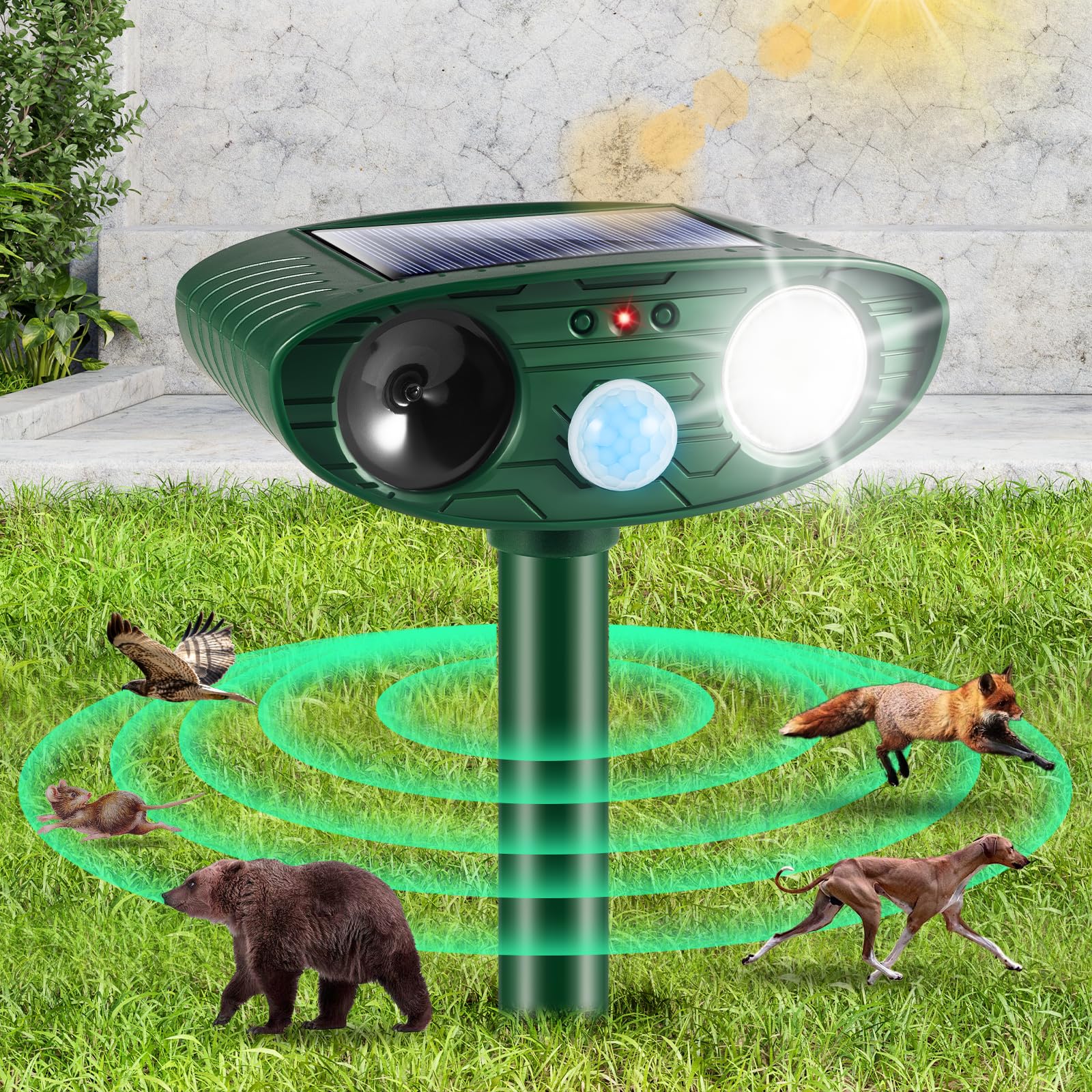 Jahy2Tech Solar Animal Repellent Ultrasonic Cat Repellent Outdoor Deer Repellent with Motion Sensor & Strobe Light Animal Deterrent Repel Dog Squirrel Rabbit Raccoon Skunk Coyote Out of Yard(Green)