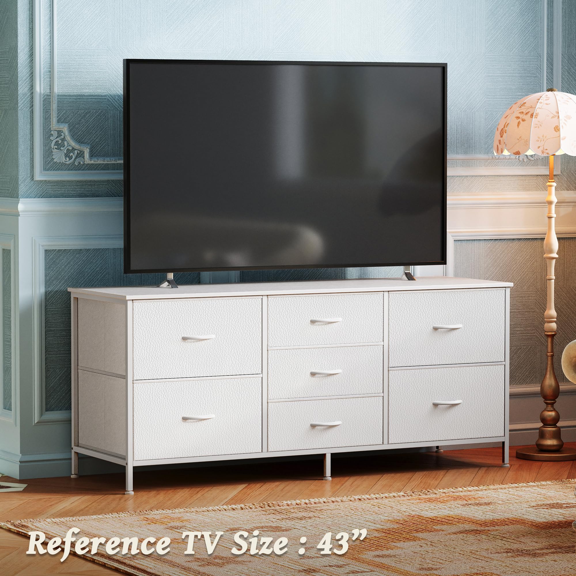 Huuger Dresser with 7 Drawers, 47 Inch Dresser TV Stand for 43, 50, 55 Inch TV, Fabric Dresser Chest of Drawers, PU Leather, Metal Frame, Storage Dresser for Bedroom, Nursery, Clothing, White Dresser