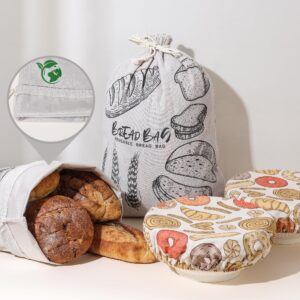 4 pack premium reusable bread bags for homemade bread and sourdough with bread proofing covers, linen bread storage bags with plastic lining - perfect bread bags for homemade bread sourdough