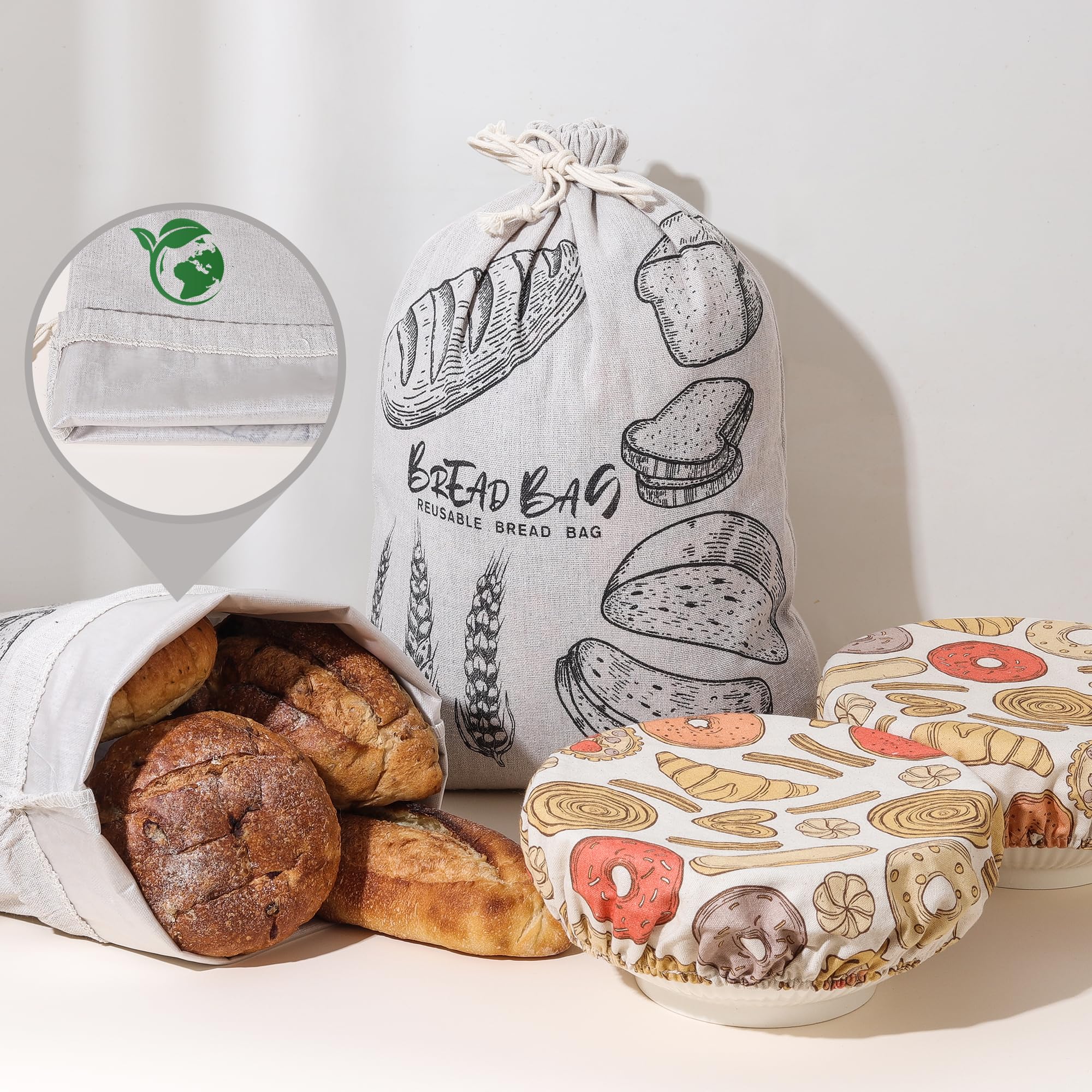 4 Pack Premium Reusable Bread Bags for Homemade Bread and Sourdough with Bread Proofing Covers, Linen Bread Storage Bags with Plastic Lining - Perfect Bread Bags for Homemade Bread Sourdough