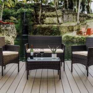 Nestl Wicker Patio Furniture Set - 4 Piece Patio Set with Patio Chairs Set of 2, Loveseat, Glass Top Coffee Table, Outdoor Furniture Sets for Backyard or Pool, Front Porch Furniture Set (Brown/Beige)