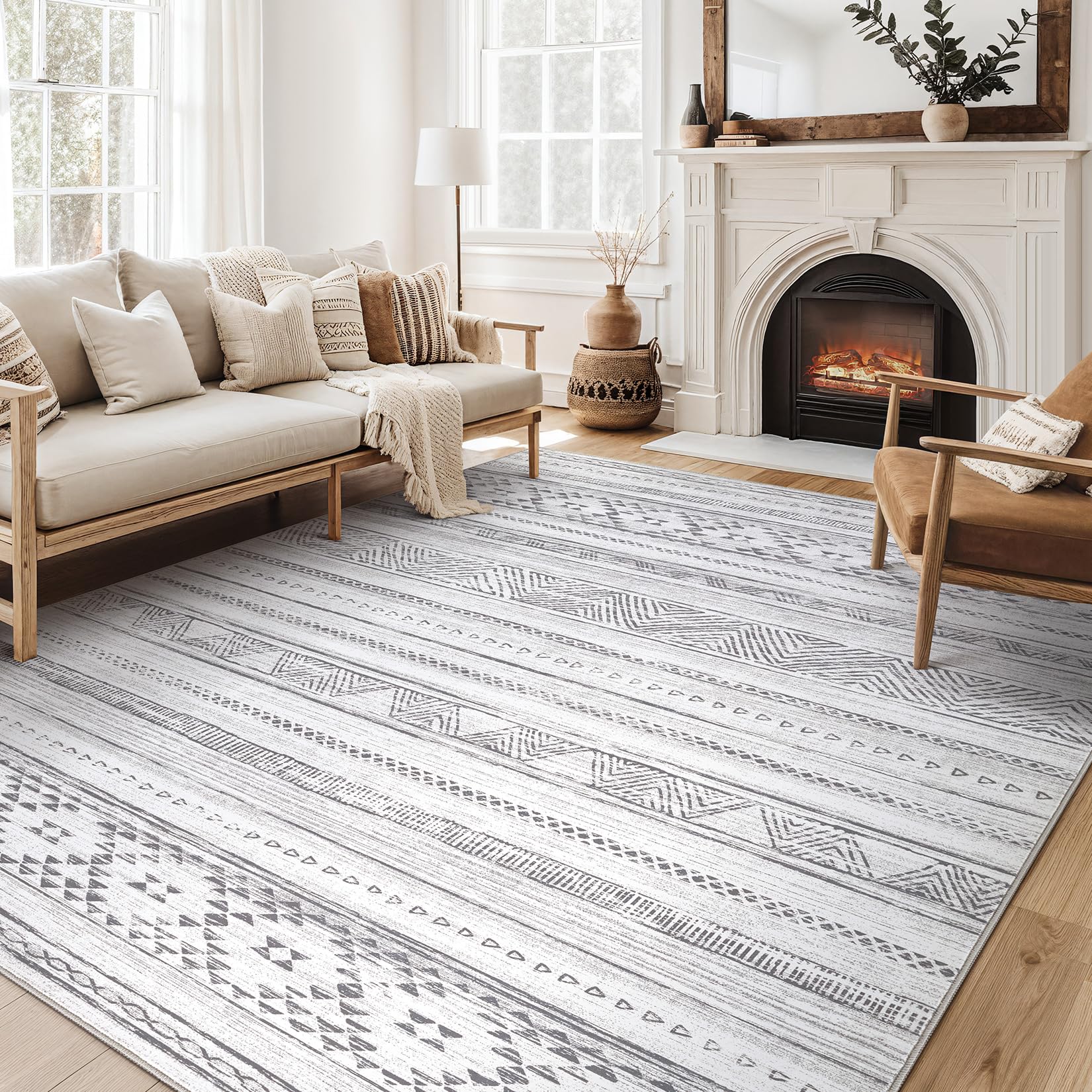 DMOYEST 8x10 Area Rug Living Room Rugs - Washable Large Soft Boho Neutral Geometric Moroccan Modern Rug for Bedroom Dining Room Home Office Non Slip Low Pile Farmhouse Carpet Indoor - Cream Grey