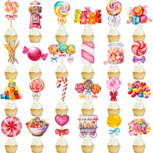 48Pcs Lollipop Cupcake Toppers Candyland Party Decorations Candyland Lollipop Cupcake Decorations Sweet Candy Cake Topper for Candyland Themed Birthday Baby Shower Supplies