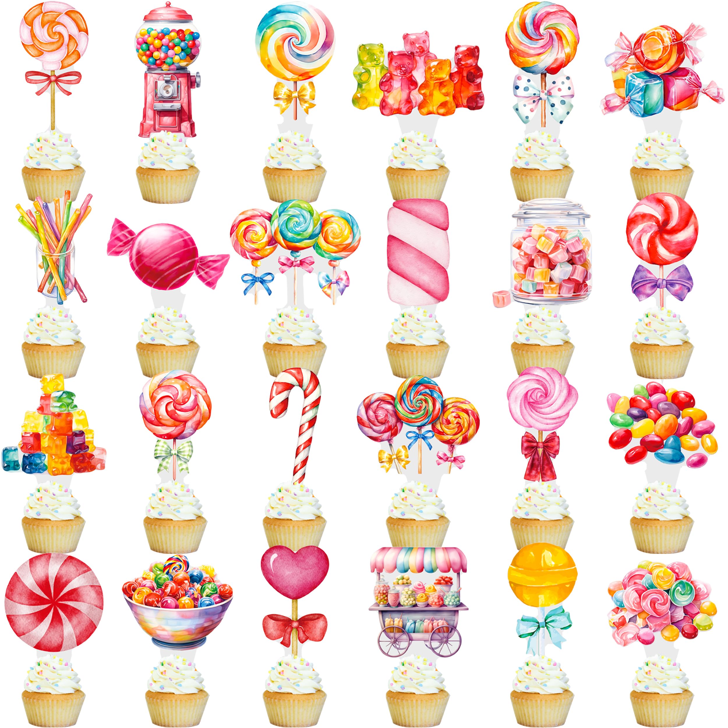 48Pcs Lollipop Cupcake Toppers Candyland Party Decorations Candyland Lollipop Cupcake Decorations Sweet Candy Cake Topper for Candyland Themed Birthday Baby Shower Supplies