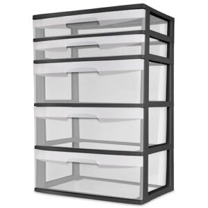 clmste plastic 5 drawer wide tower, black