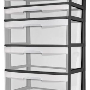 CLMSTE Plastic 5 Drawer Wide Tower, Black