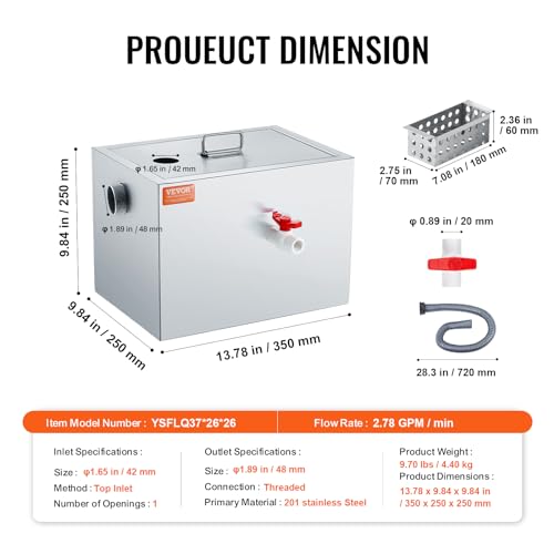 VEVOR Commercial 8 LBS, Top Inlet Interceptor, Under Sink Stainless Steel Grease Trap, 2.8 GPM Waste Oil-Water Separator, for Restaurant Canteen Home Kitchen, 8LB, Silver